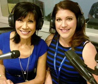 Radio host Lin Sue Cooney and Heather Chapple preparing for radio show