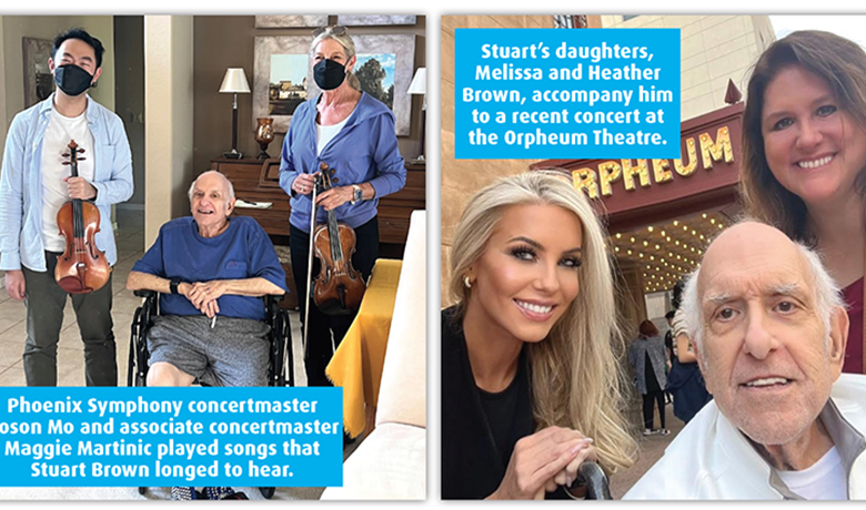 Phoenix Symphony concertmaster Boson Mo and associate concertmaster Maggie Martinic with patient Stuart Brown. Stuart Brown pictured with his two daughters, Heather and Melissa Brown.