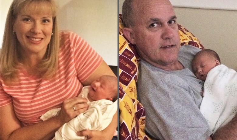 Jeanine Lavine holding granddaughter Ellie, and Kent Lavine holding his granddaughter Ellie