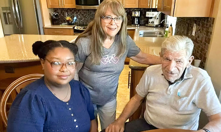 Emily Jane Crawford (left), a pre-med student at Arizona State University, visits Bud Addison (right) and provides his wife, Mary, with a much needed break.
