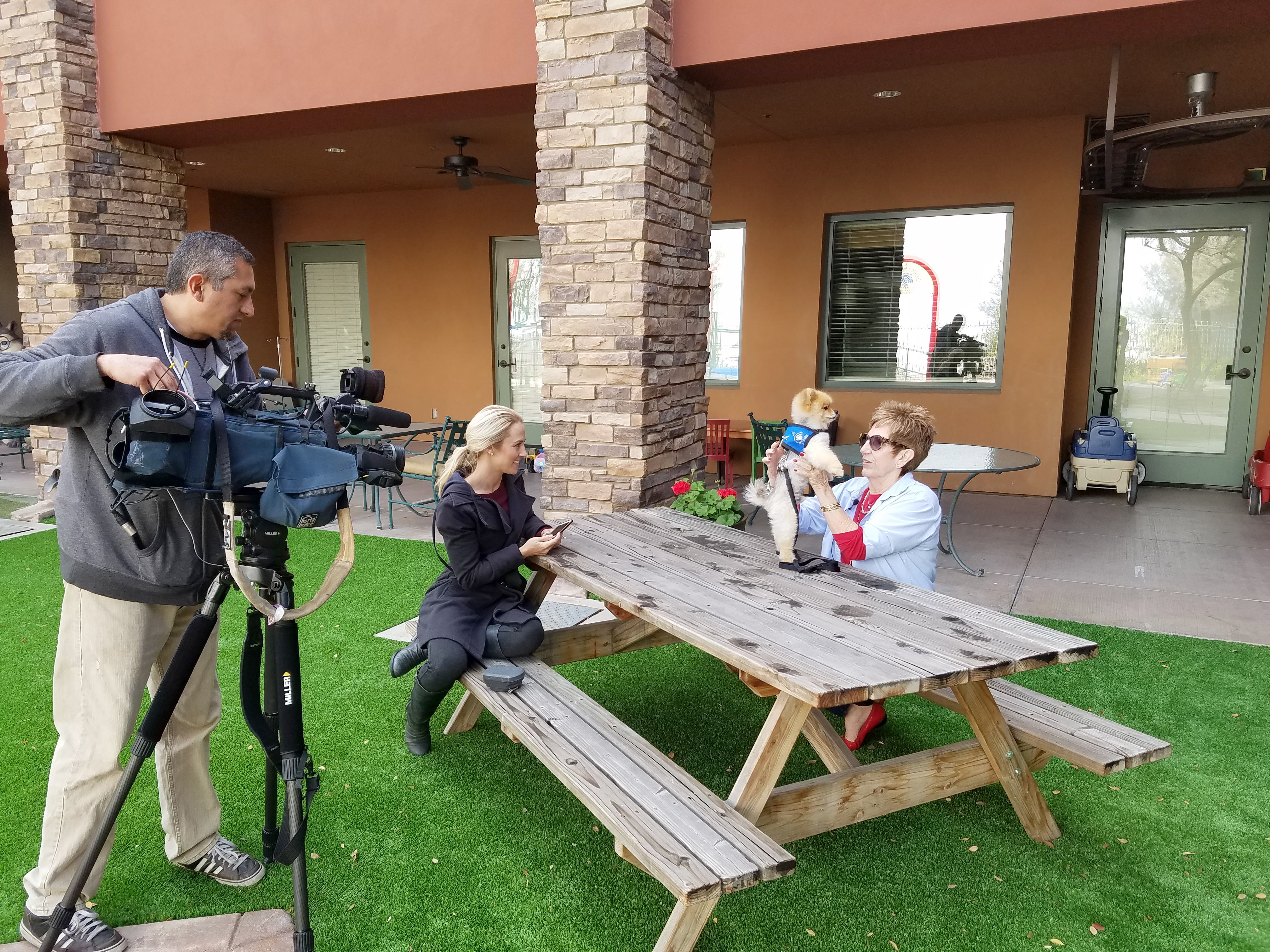 News interview with a cameraman, reporter and patient
