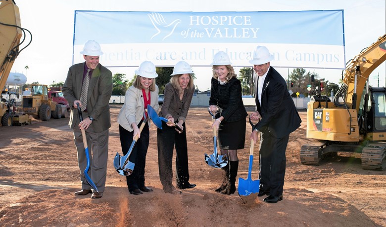 Dieter Gable, Kate Gallego, Dr. Gillian Hamilton, Debbie Shumway, and Sal DiCiccio with shovels and hard hats