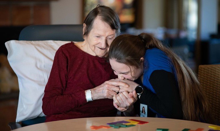CNA Kalyana Wright helped care for patient Mary at Gardiner Home