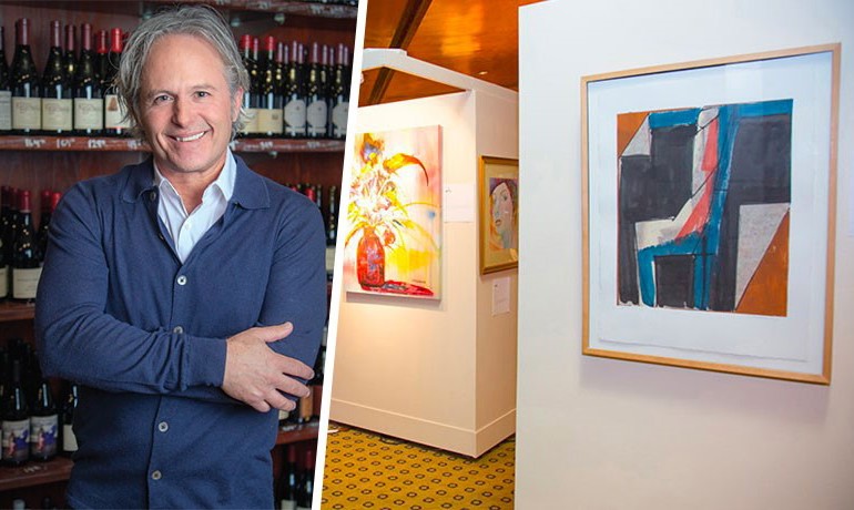 Split image showing Mark Tarbell on the left and artwork hanging in gallery at right